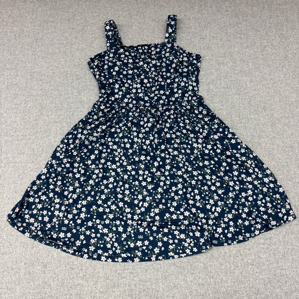 HUHOT | Floral Sun Dress | XL | Navy Blue White | Sleeveless Square Neck Stretch